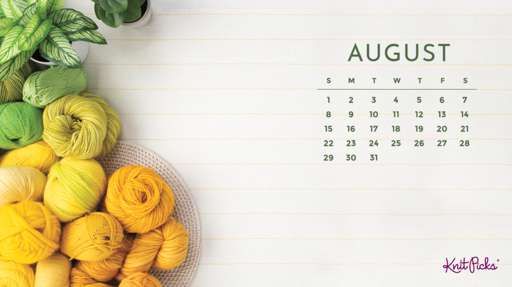 A top-down view of a tablecloth with assorted houseplants and yellow yarn, along with an August 2021 calendar.