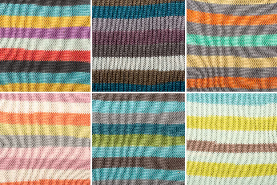 Swatches of six new Felici colorways (top row: Sally, Coffee Break, Playhouse; bottom row: Chelsea, Ribbit, Auggie)