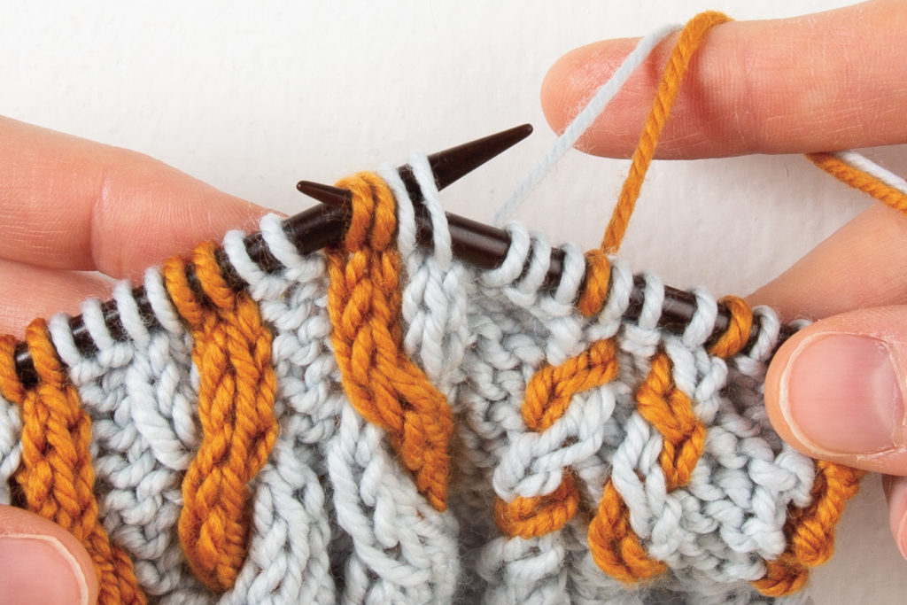 2-over-2 cable Left, without a cable needle: slip all 4 stitches to right-hand needle
