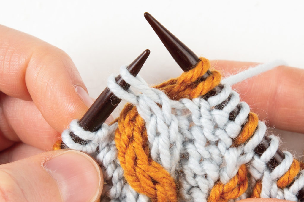 2-over-2 cable Left, without a cable needle: knit the first 2 stitches