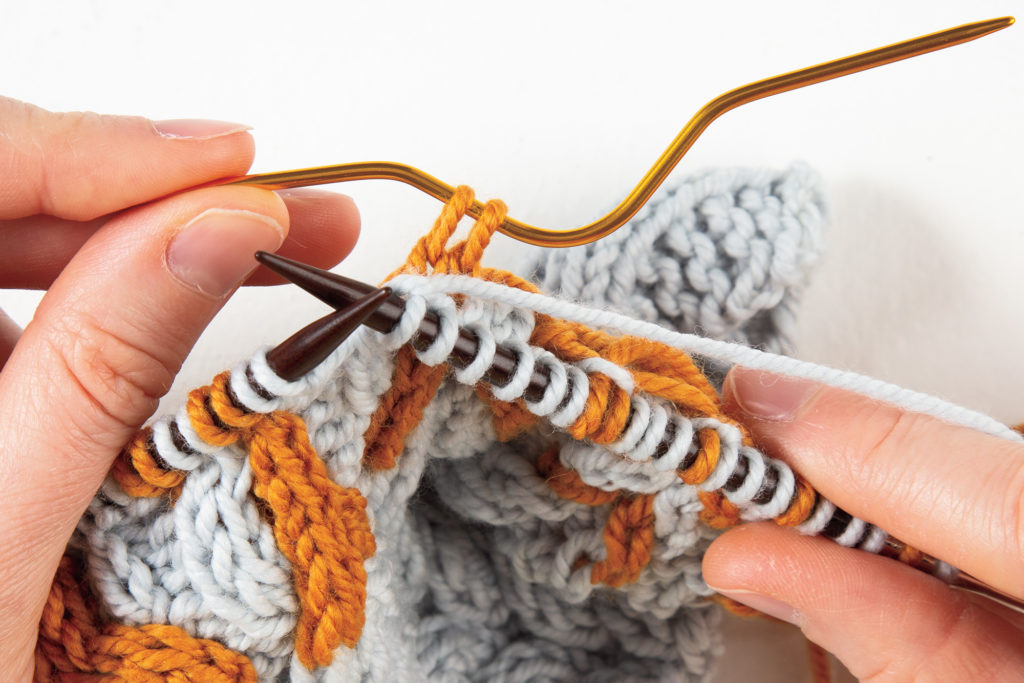 2-over-2 cable Right: 2 stitches knit, with cable needle in back