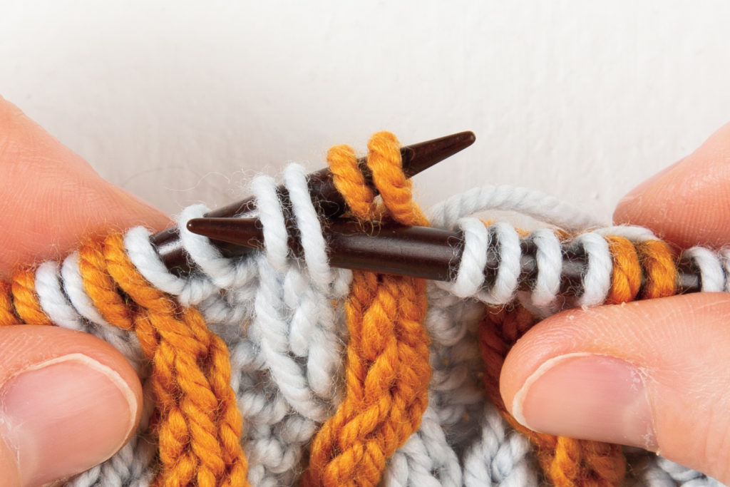2-over-2 cable Right, without a cable needle: stick the right-hand needle through the last 2 cable stitches, in the front