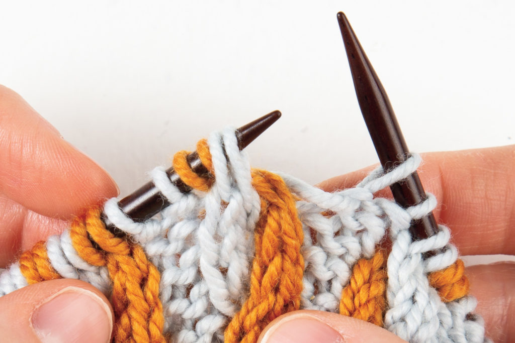 2-over-2 cable Right, without a cable needle: slip those 2 front stitches onto the left-hand needle