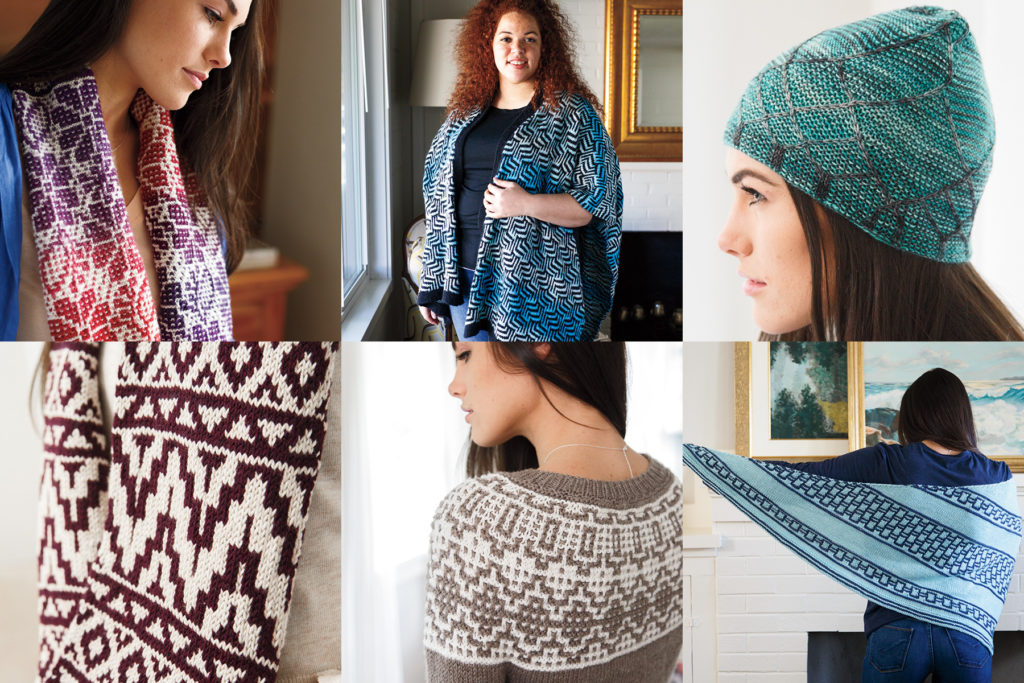 a collection of 6 patterns from the Mosaic Medley book: Kitchen Garden Cowl, Maze Ruana, Bathymetry Hat, Vaquero Cowl, Montage Pullover, Interlocken Shawl